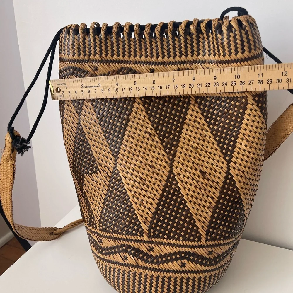 Rattan AJAT BASKET Wicker Backpack Sling Bag Argyle Pattern Woven